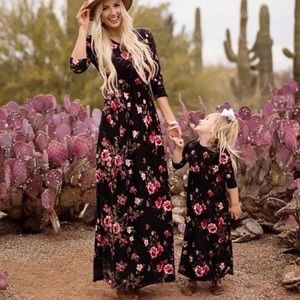 Floral black long dress maxi long sleeves